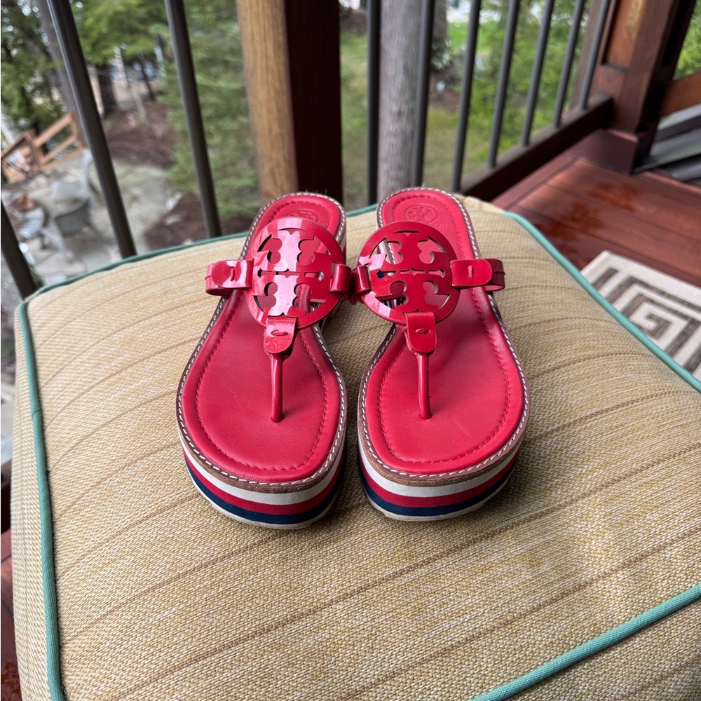 Vibrant Red Sandals with Striped Platform